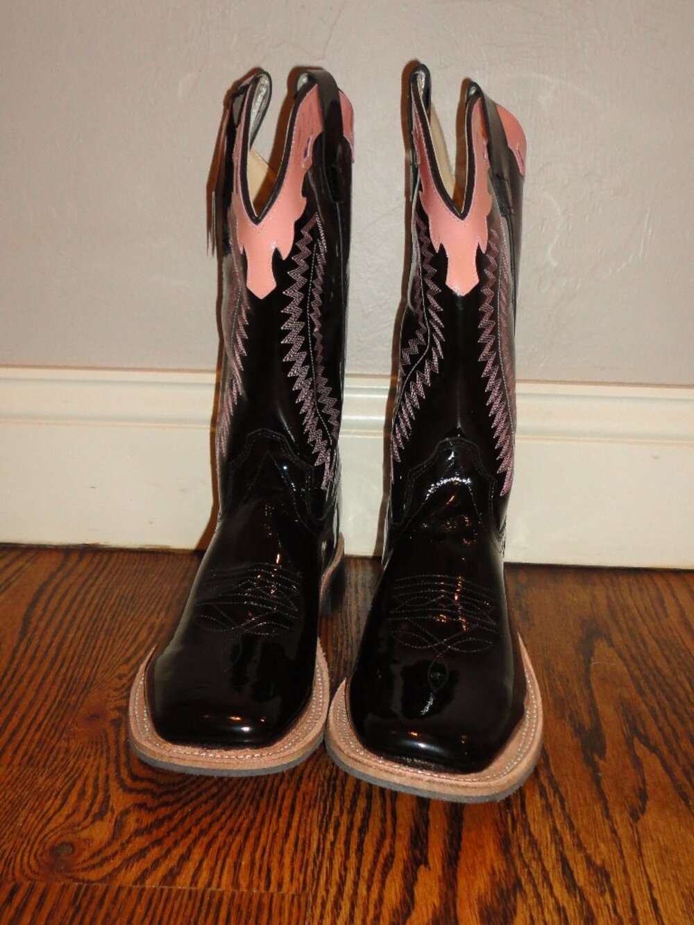 OLD WEST Women's Black & Pink Leather Square Toe Western Boots Size 8.5 NWT!!
